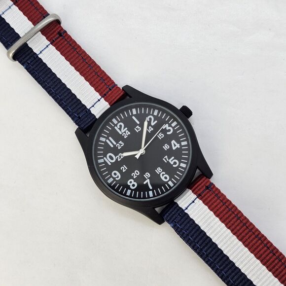 Men's 42MM Field Watch Black Dial Blue White Red Canvas Band Straps - Picture 1 of 15